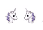 Børne øreringe 925 sølv, lilla; unicorn/enhjørning med små sten